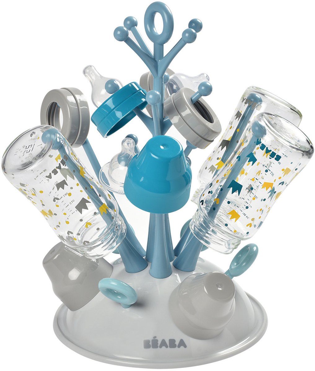Béaba bottle rack baby - hygienic drainer for feeding bottles - drying rack for 6 baby bottle accessories - blue
