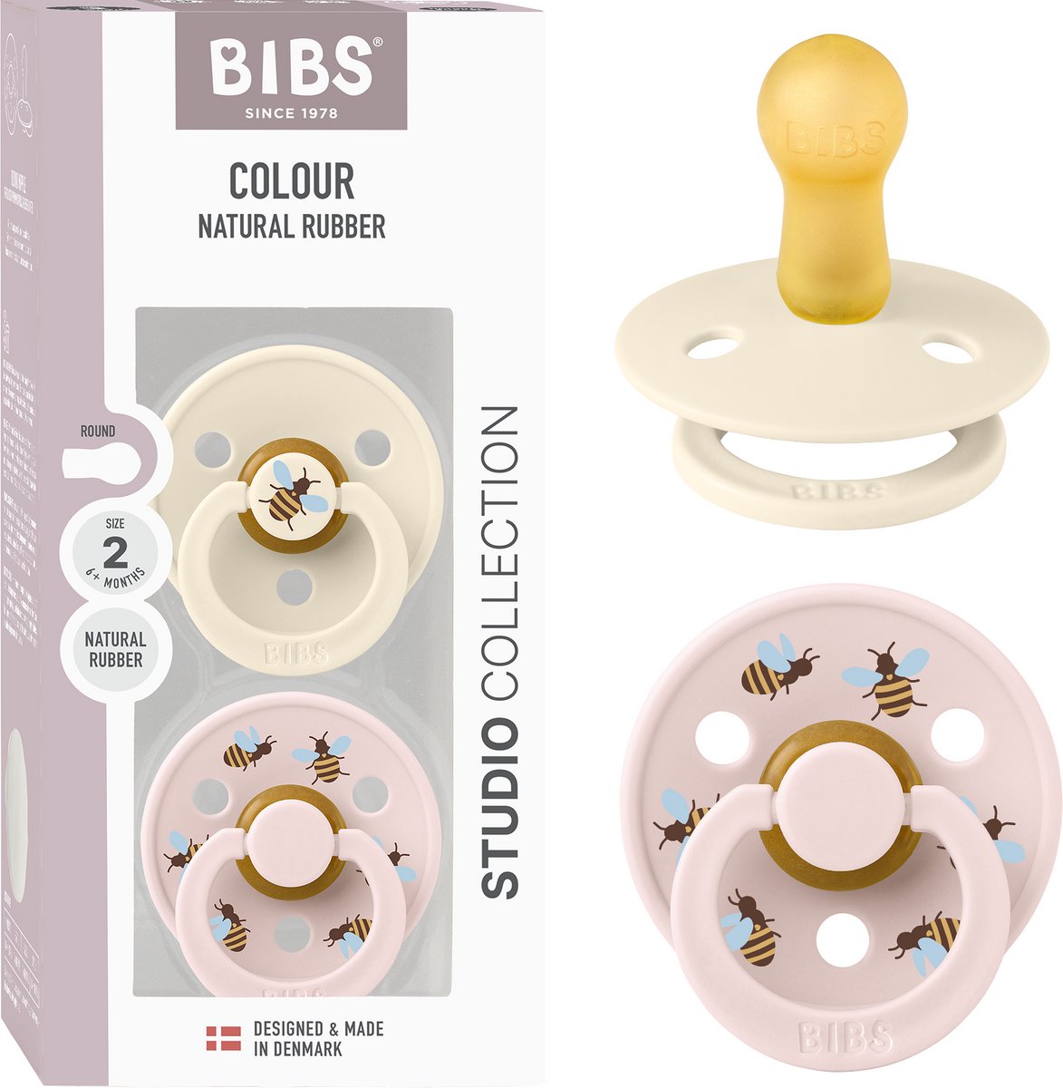 BIBS colour studio speen verpakking van 2 stuks. bpa-vrij, ronde speen. natuurlijk rubberlatex, gemaakt in denemarken, maat 2 (6-18 maanden), ivory / petal
