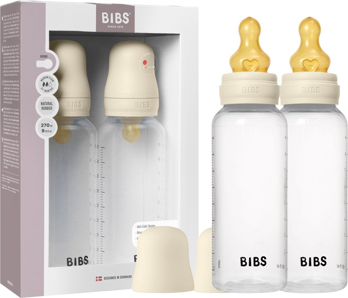 Bibs baby bottle 270 ml natural latex rubber teat pack 2 pieces - anti-colic, BPA-free, round teat, medium flow, light weight and easy to clean, suitable for newborn babies 0+ years - ivory