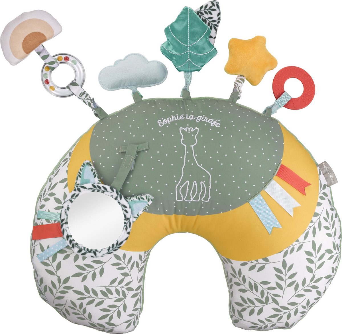 Sophie the giraffe cozy play play cushion - tummy time - activity cushion - baby toys - maternity gift - baby shower gift - from 0 months - 45 x 13 x 35 cm - green yellow white