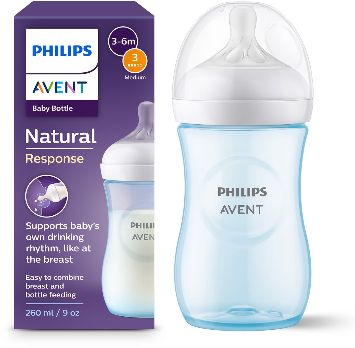 Philips avent natural response baby bottle – 260 ml – flow 3 – blue - 1 bottle - scy903 21
