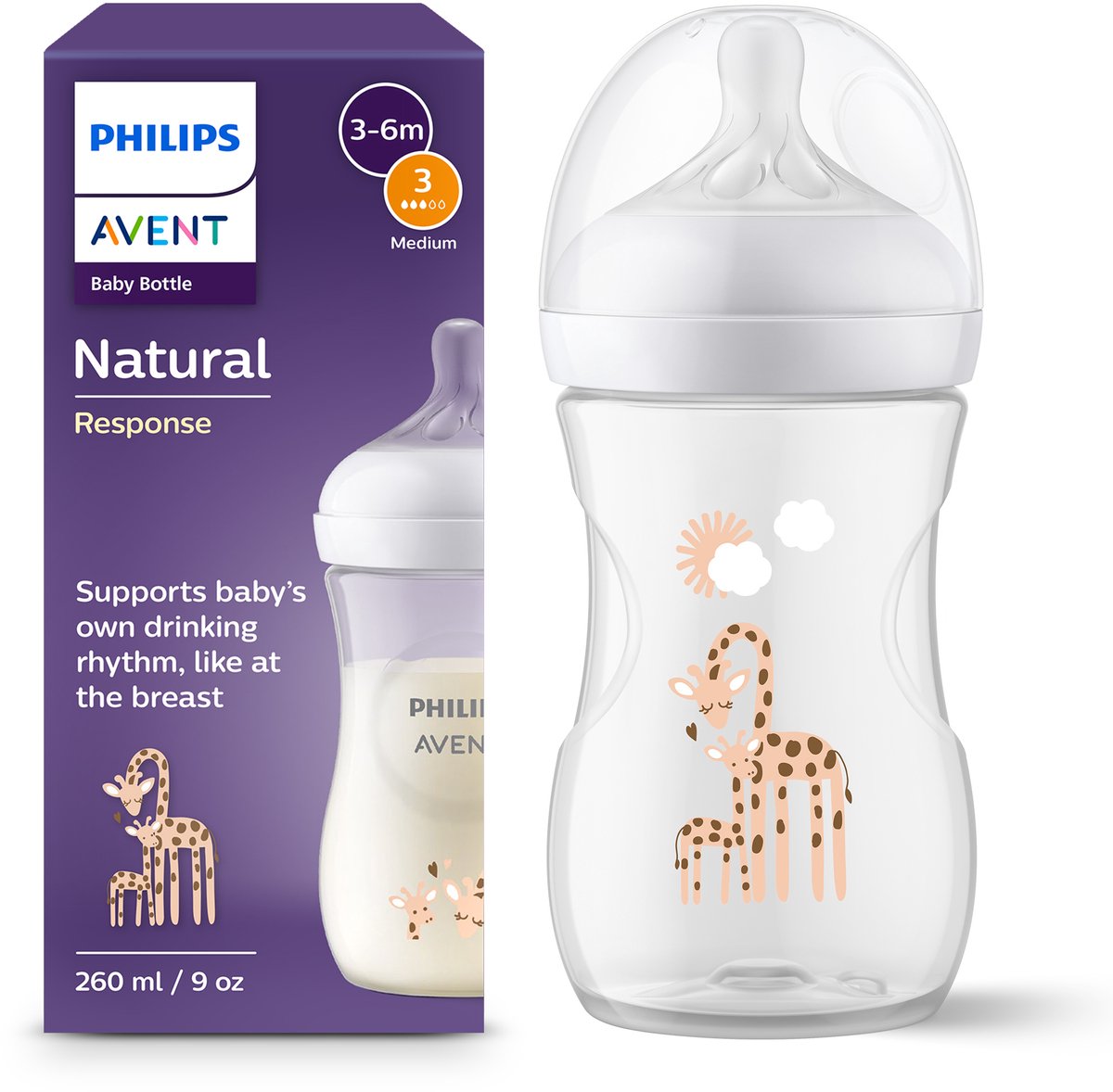 Philips avent natural response baby bottle – 260 ml – flow 3 – giraffe - scy903 66