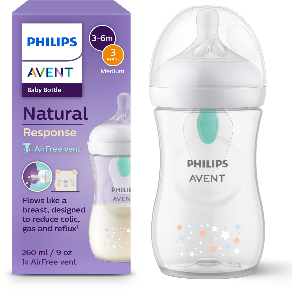 Philips avent natural response baby bottle 260 ml – flow 3 - stars - 1 bottle - scy673 82