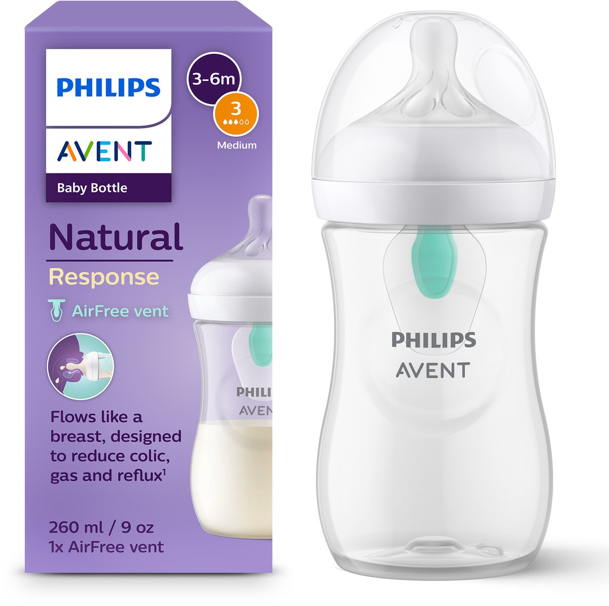 Philips avent natural response baby bottle 260ml – flow 3 - anti-colic - 1 bottle - scy673 01