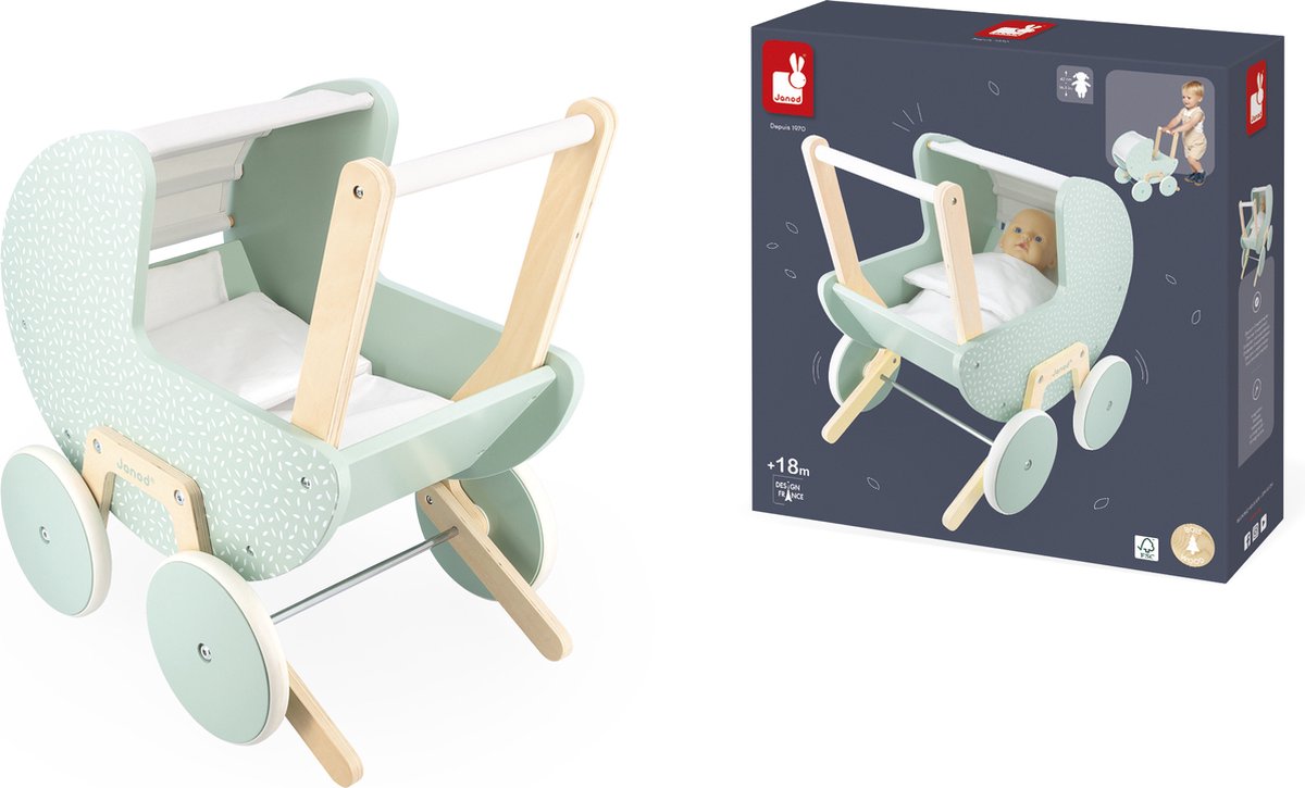 Janod - zen - doll pram - wooden doll pram for dolls up to 42 cm