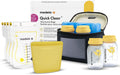 Medela all-in-one breast milk storage set with 150 ml bottles, breast milk storage bags with spout, reusable storage bags, quick clean™ microwave sterilization bag and cooling bag with molded cooling element.