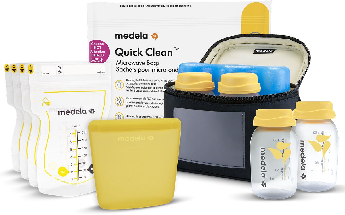 Medela all-in-one breast milk storage set with 150 ml bottles, breast milk storage bags with spout, reusable storage bags, quick clean™ microwave sterilization bag and cooling bag with molded cooling element.