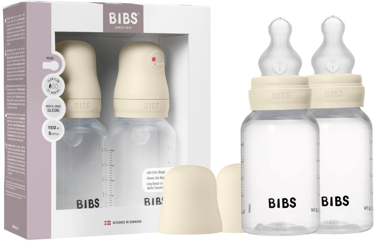 Bibs baby bottle 150 ml silicone teat pack 2 pieces - anti-colic, BPA-free, round teat, slow flow, light weight and easy to clean, suitable for newborn babies 0+ years - ivory