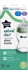 Tommee tippee natural start glass baby bottle - set of 1 x 250ml baby bottle - low flow rate 0m+