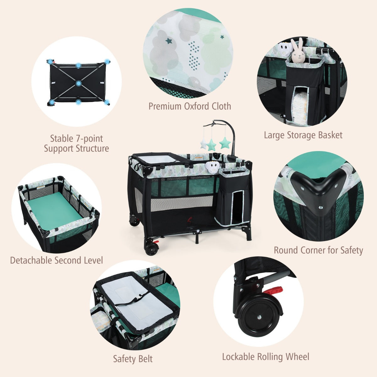 NNECW 3 in 1 Baby Portacot with Changing Table & Carry Bag
